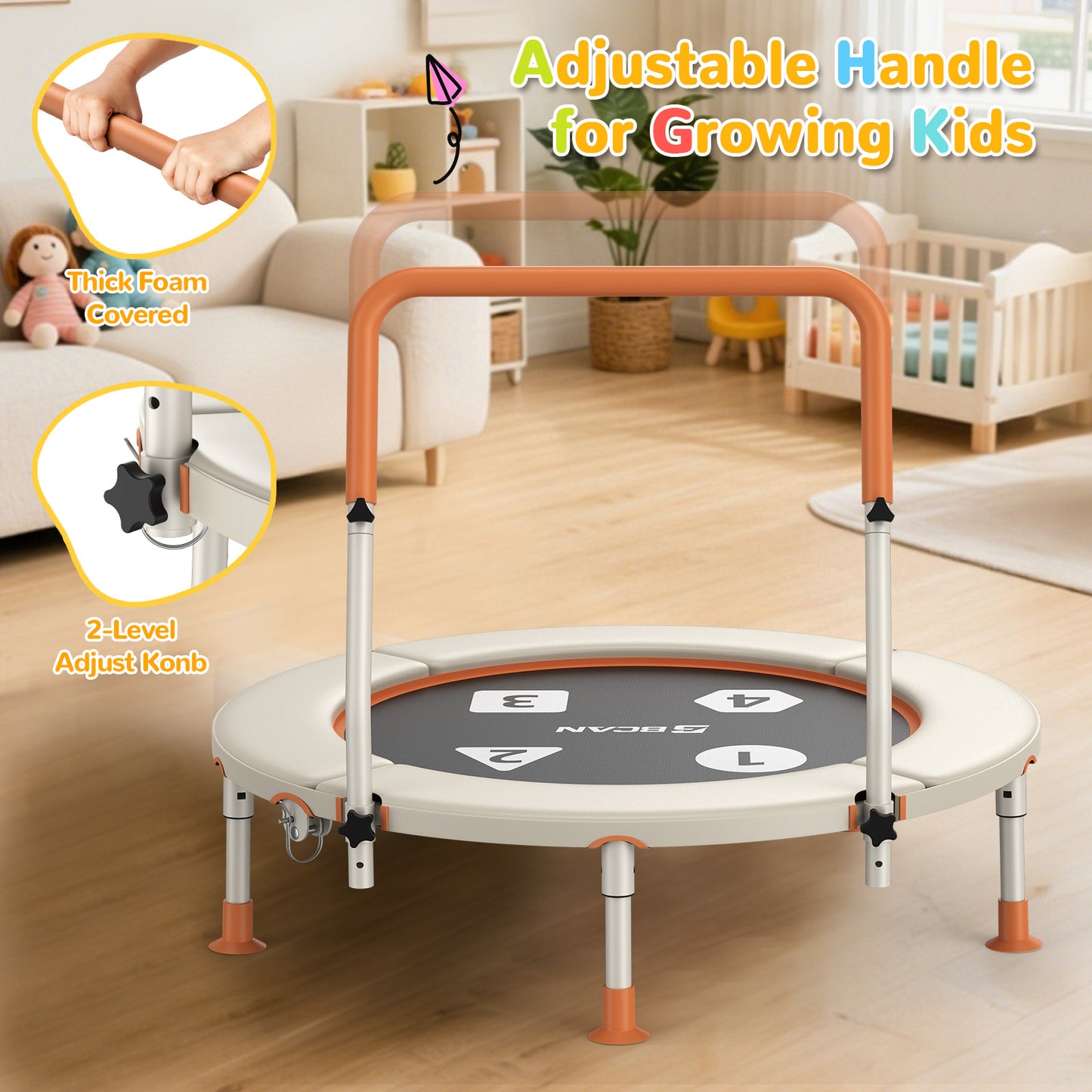 BCAN 36inch Mini Toddler Trampoline for Kids Ages 1-6 Indoor Outdoor Folding Small Rebounder Trampoline with Foam Handle Safety Padded Cover, Gift for Boy and Girl