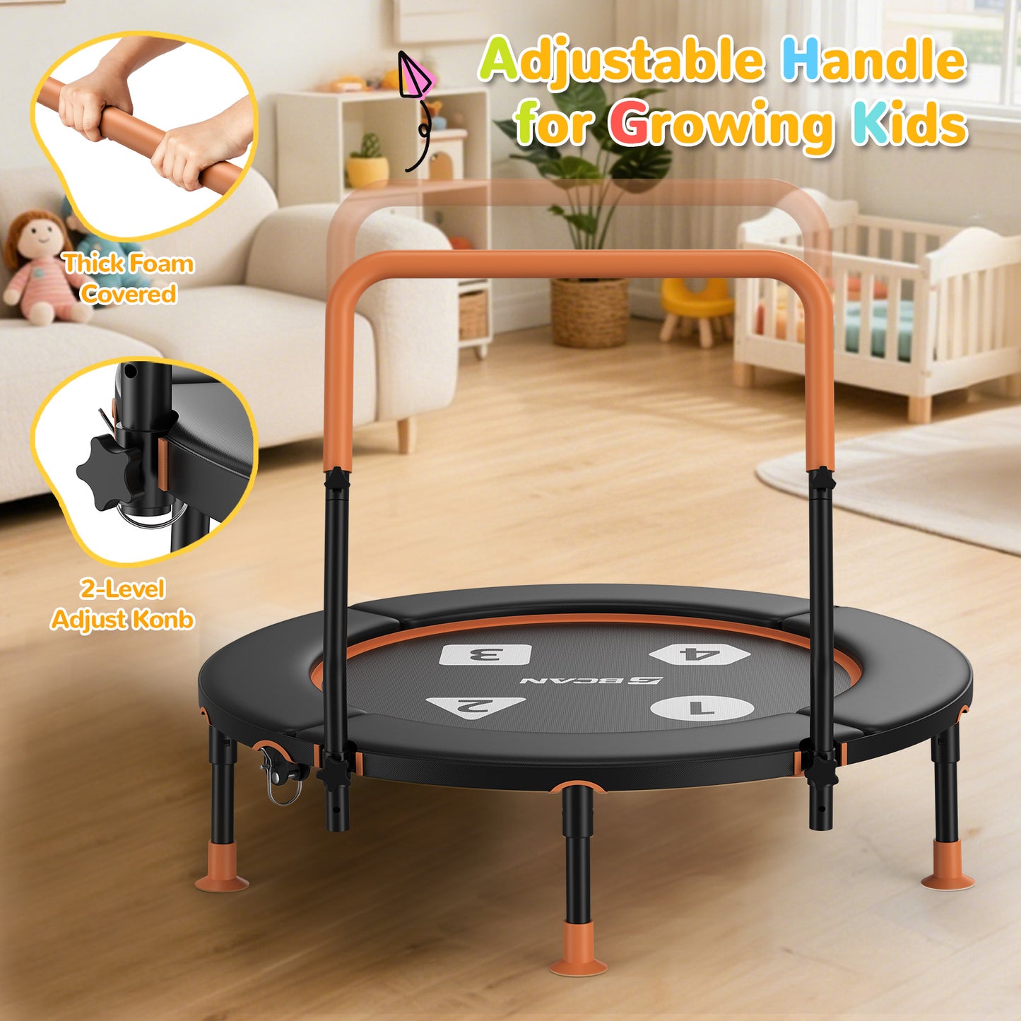 BCAN 36inch Mini Toddler Trampoline for Kids Ages 1-6 Indoor Outdoor Folding Small Rebounder Trampoline with Foam Handle Safety Padded Cover, Gift for Boy and Girl