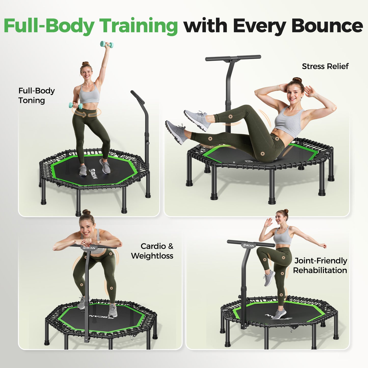 BCAN BT3 51" Octagonal Rebounder Trampoline for Adults, 450LBS Max Load Fitness Trampoline with Large Jumping Area, Silent Bungee Mini Trampoline with T-Adjustable Handle for Home Gym