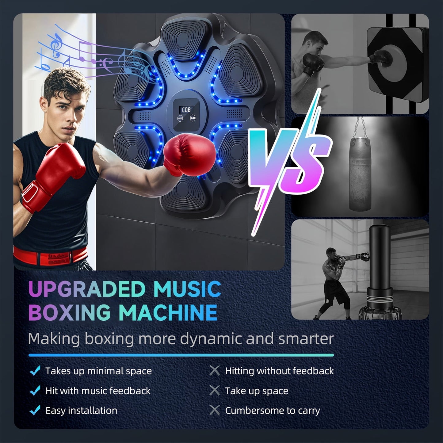 UPGO Wall-Mounted Smart Boxing Trainer with Music, Gloves, and Target Pads - Wireless-Enabled Fitness Equipment for Home & Gym, Black, Indoor Boxing Training System for Adults, Music Training System