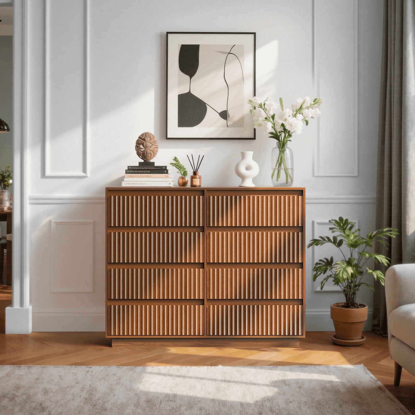 UPGO 31'' Modern Farmhouse Sideboard Buffet Cabinet with Storage, Fluted Panel Doors & Adjustable Shelves (brown)