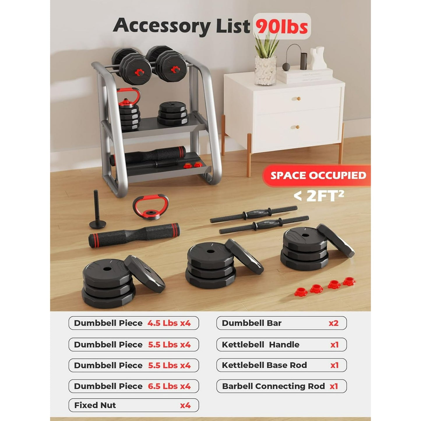 90lbs Free Weight Set with Connector, 5 in1 Dumbbells Set Used as Barbell, Kettlebells, Push up Stand, Fitness Exercises for Home Gym Suitable Men/Women