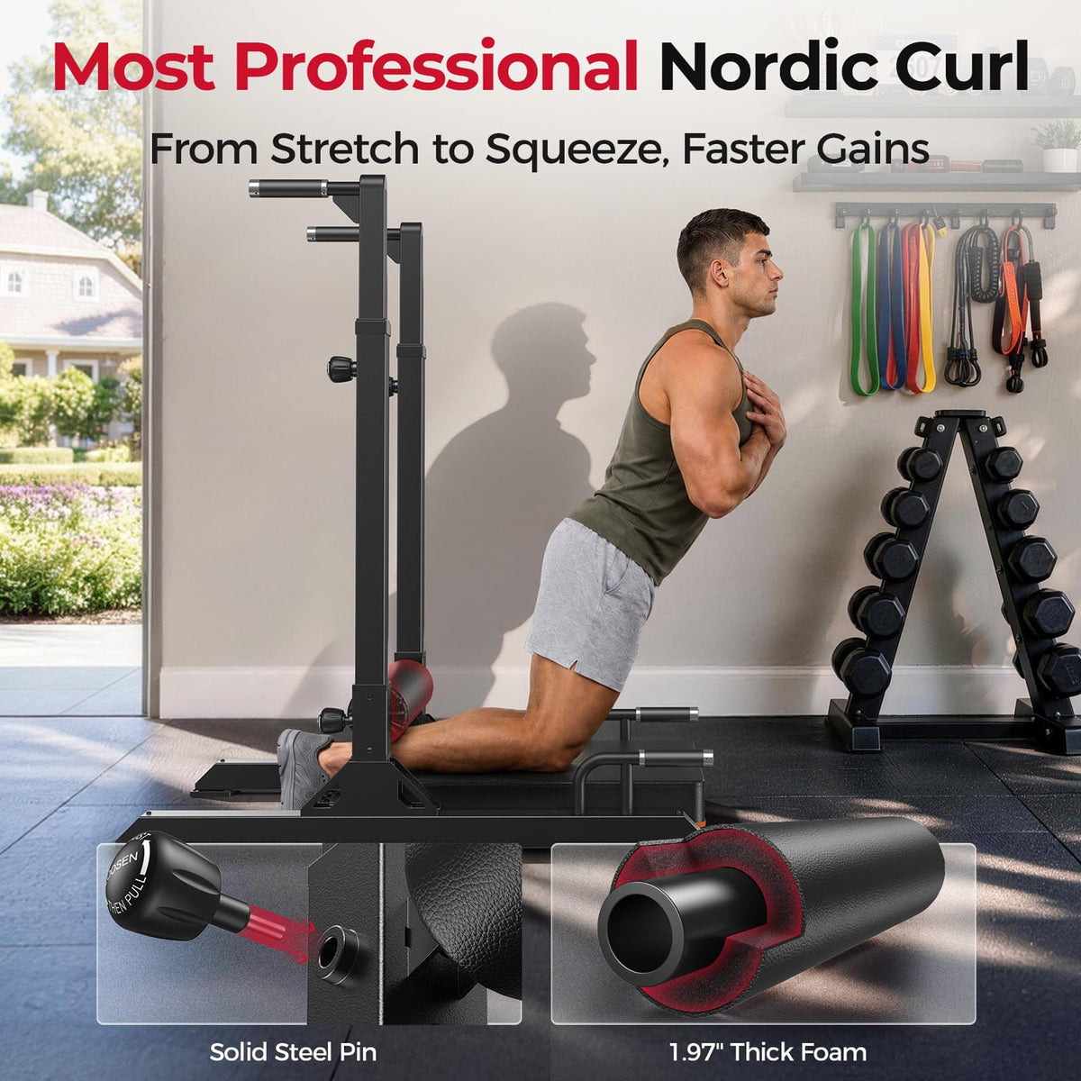 FED Fitness 3-in-1 Nordic Curl Bench & Dip Bar Station, 14-Level Adjustable Nordic Hamstring Trainer, Multi-Functional Full-Body Strength Training Equipment for Home Gym