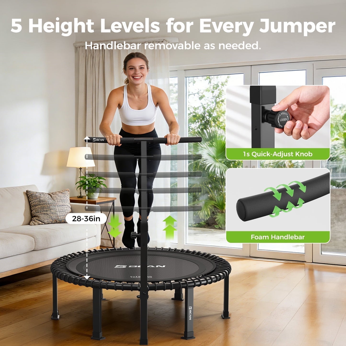 BCAN BT4 48" Soft Land Pro Adult Bungee Rebounder Trampoline, Adjustable Tension Bungees, Exercise Trampoline for Adults, Phone Holder & 2 Pairs Socks| FED Fitness