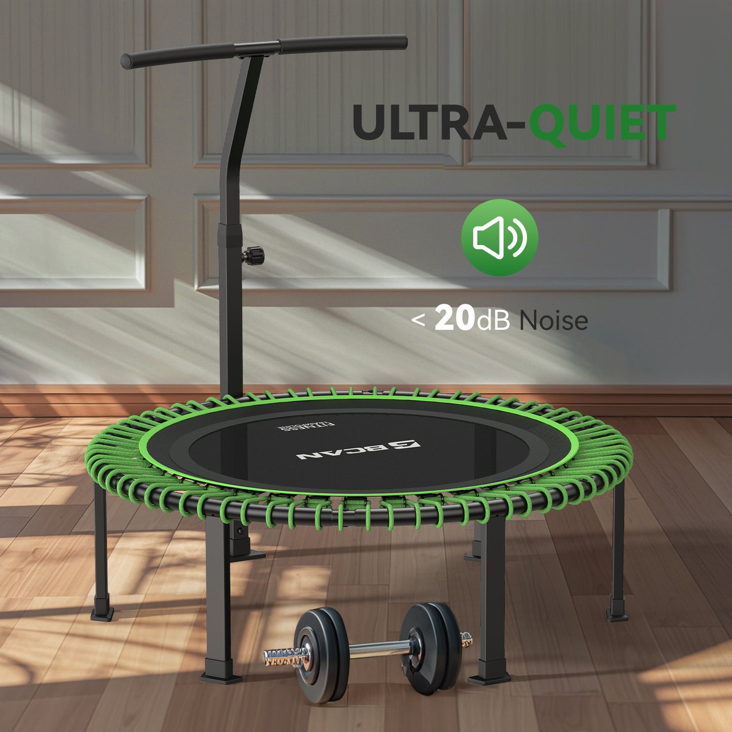 BCAN 500 LBS Soft Land Mini Trampoline, 40" Fitness Trampoline, Bungees(2 Sets), T Shape Adjustable Foam Handle, Stable, Quiet Exercise Rebounder for Kids Adults Indoor/Garden Workout