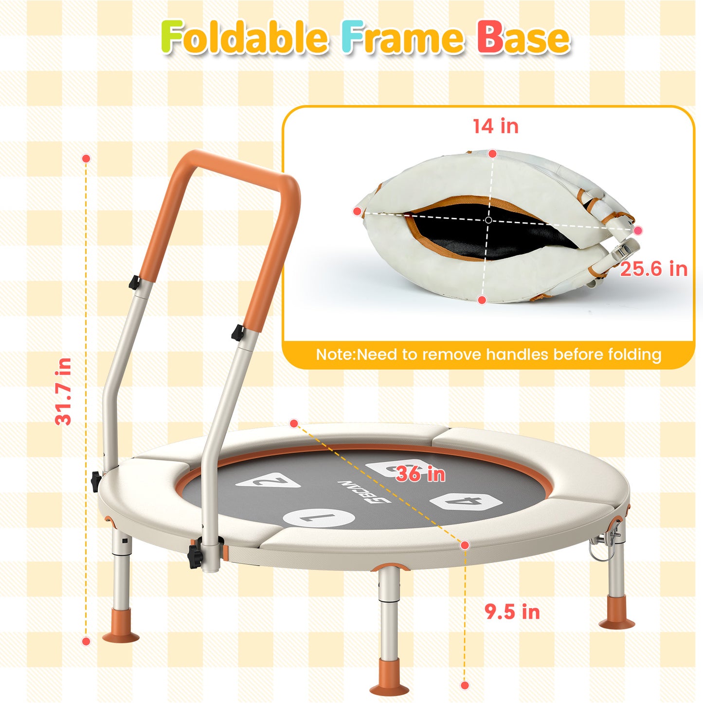 BCAN 36inch Mini Toddler Trampoline for Kids Ages 1-6 Indoor Outdoor Folding Small Rebounder Trampoline with Foam Handle Safety Padded Cover, Gift for Boy and Girl