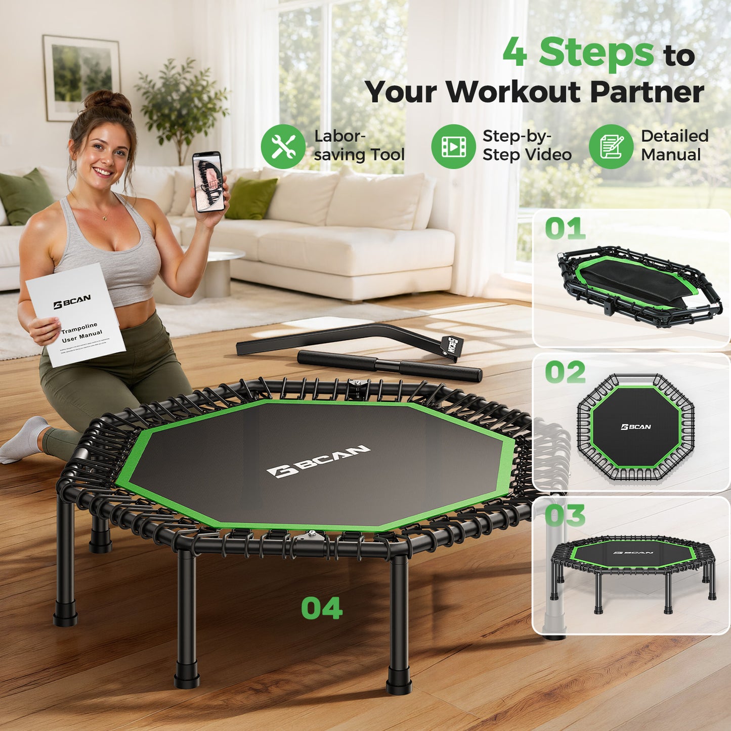 BCAN BT3 51" Octagonal Rebounder Trampoline for Adults, 450LBS Max Load Fitness Trampoline with Large Jumping Area, Silent Bungee Mini Trampoline with T-Adjustable Handle for Home Gym