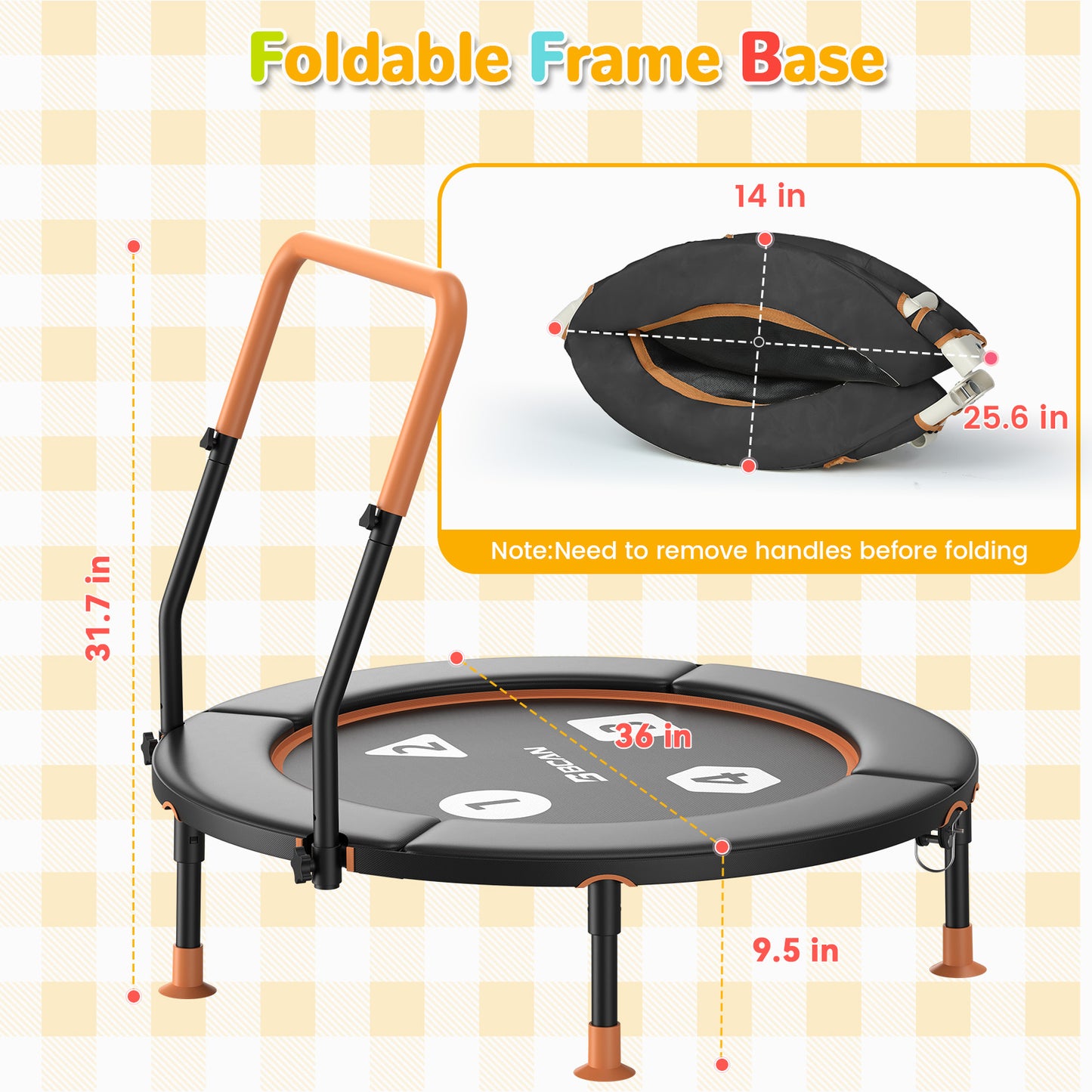 BCAN 36inch Mini Toddler Trampoline for Kids Ages 1-6 Indoor Outdoor Folding Small Rebounder Trampoline with Foam Handle Safety Padded Cover, Gift for Boy and Girl
