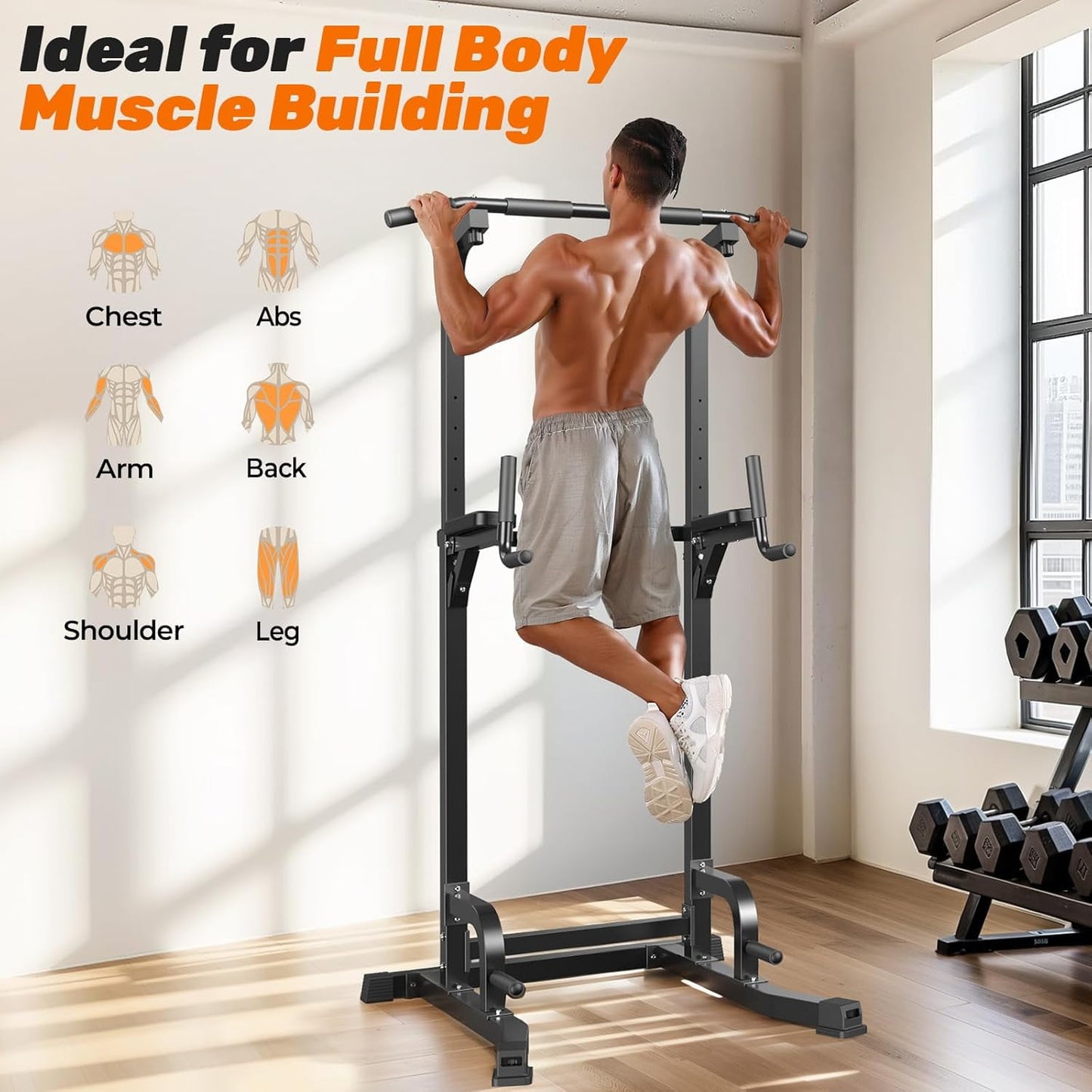 Sportsroyals Power Tower Pull Up Bar Station, 450LBS Stable Pull Up Dip Station for Home Gym