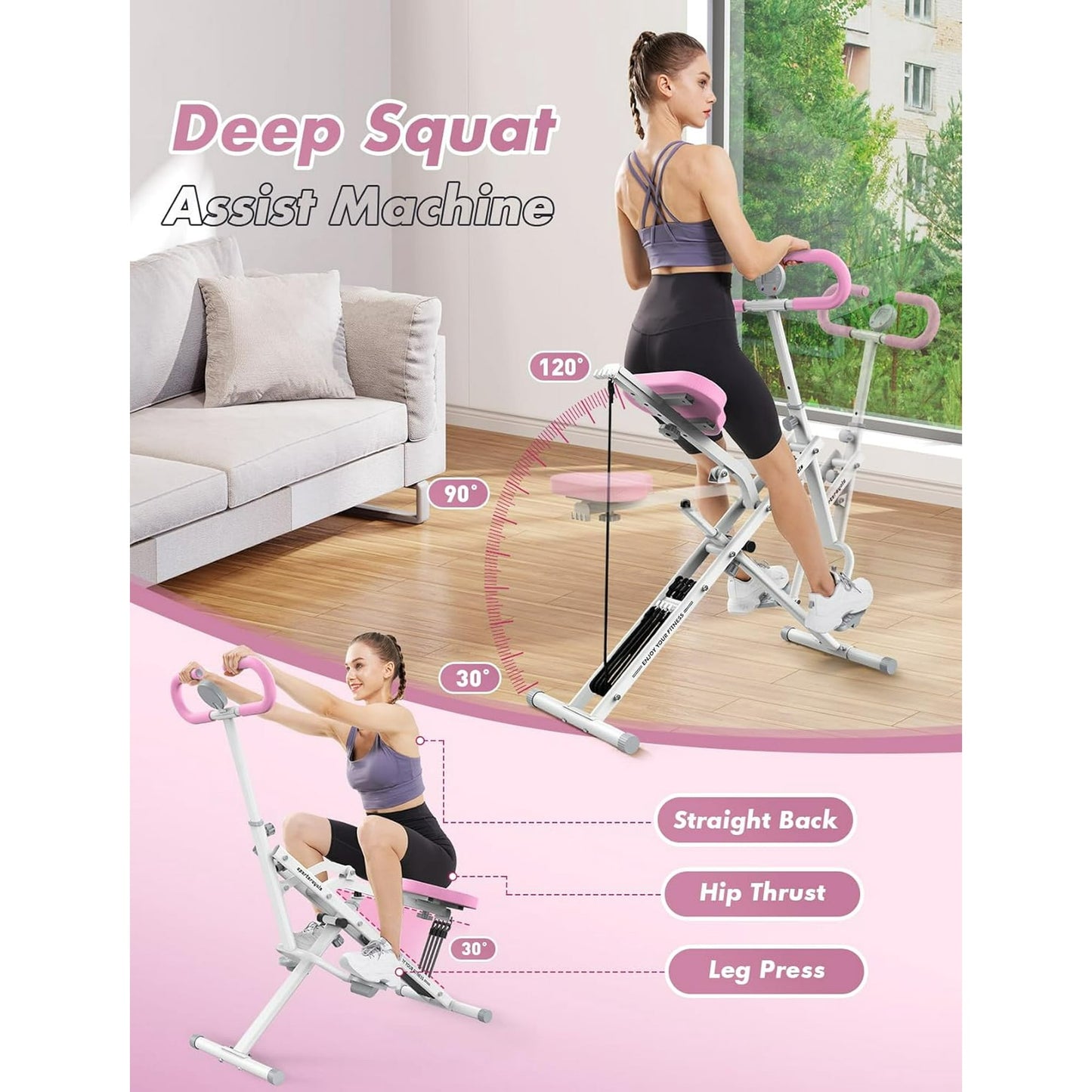Sportsroyals Pink Squat Machine for Home,Rodeo Core Exercise Machine,330lbs Foldable,Adjustable 4 Resistance Bands,Ride & Rowing Machine for Botty Glutes Butt Thighs,Ab Back/Leg Press Hip Thrust