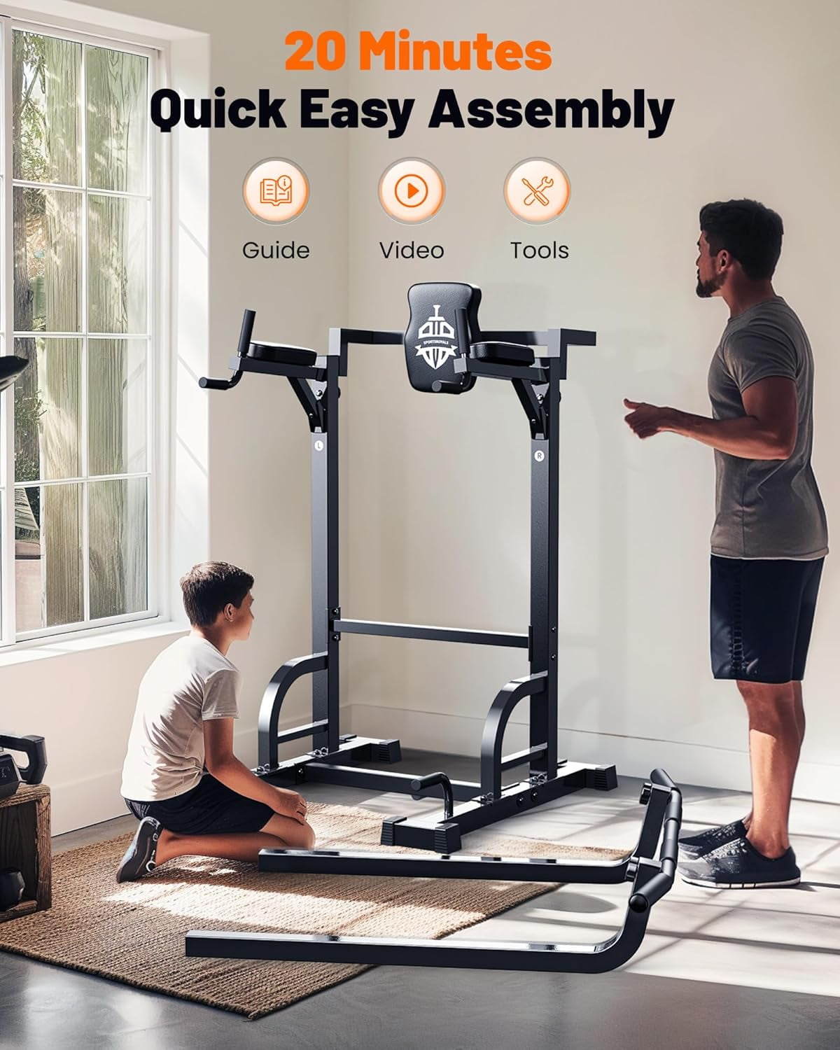 Sportsroyals Adjustable Power Tower 400lbs Max Weight Dip Station Pull up Bar Power Rack Push up Resistance Band for Home Gym
