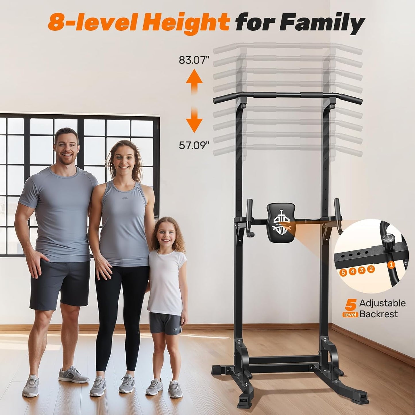 Sportsroyals Power Tower Pull Up Bar Station, 450LBS Stable Pull Up Dip Station for Home Gym