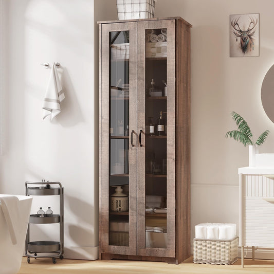 70" Tall Display Cabinet Storage, Pantry Cabinet with 2 Doors and 6 Adjustable Shelves, Standing Utility Cabinet for Dining Room, Food Storage and Kitchen, Clear and Brown