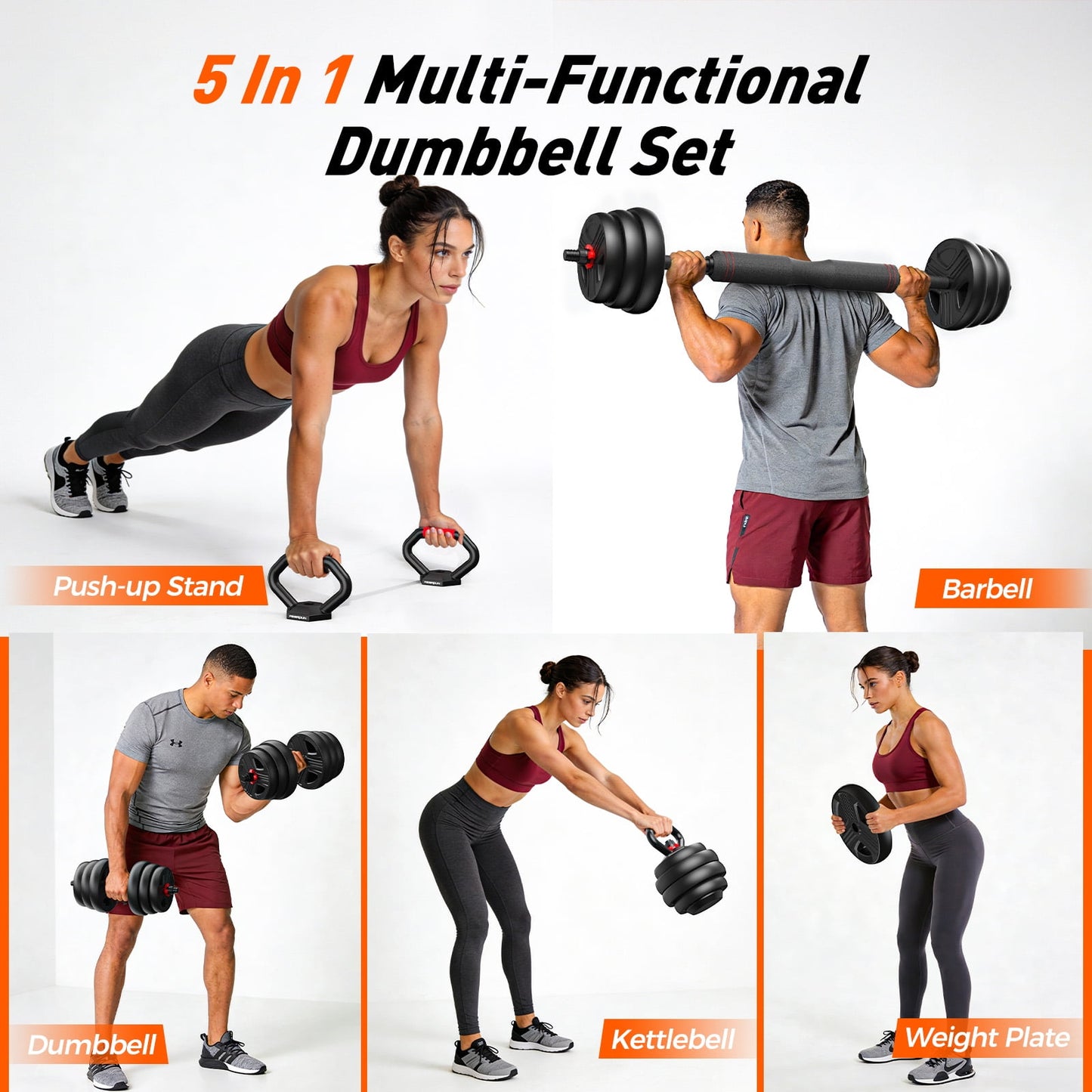 90lbs Free Weight Set with Connector, 5 in1 Dumbbells Set Used as Barbell, Kettlebells, Push up Stand, Fitness Exercises for Home Gym Suitable Men/Women