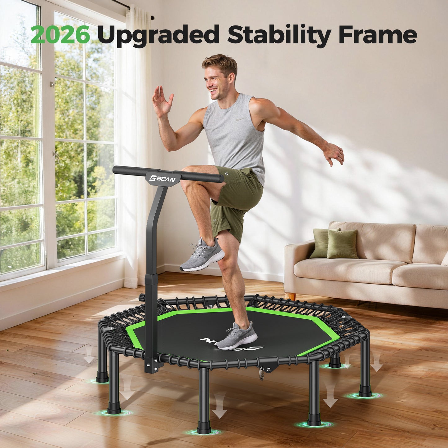 BCAN BT3 51" Octagonal Rebounder Trampoline for Adults, 450LBS Max Load Fitness Trampoline with Large Jumping Area, Silent Bungee Mini Trampoline with T-Adjustable Handle for Home Gym