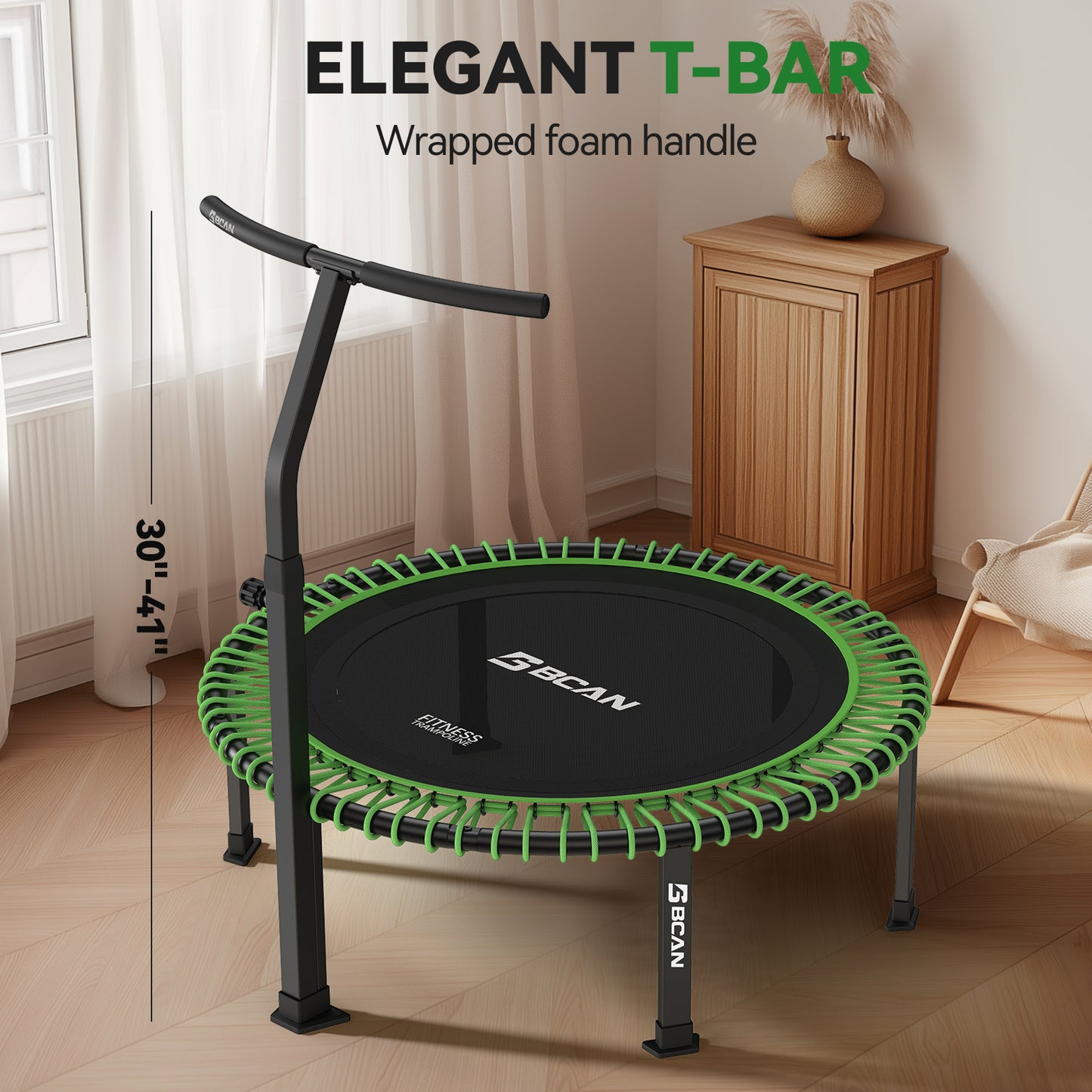 BCAN 560 LBS Soft Land Mini Trampoline, 48" Fitness Trampoline, Bungees(2 Sets), T Shape Adjustable Foam Handle, Stable, Quiet Exercise Rebounder for Kids Adults Indoor/Garden Workout