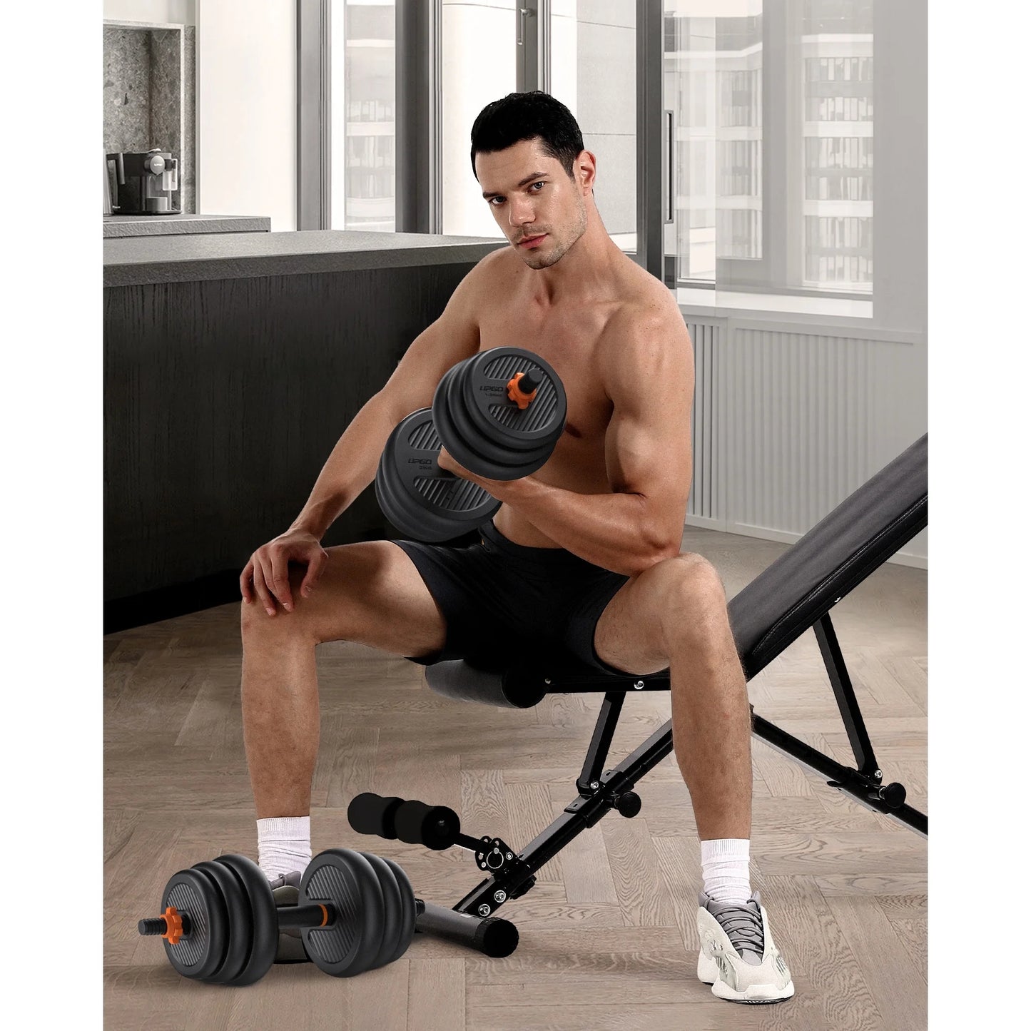 UPGO Adjustable Dumbbell Set, 50lb Free Weight Set with Connector Bar, 6 in 1 Workout Gear with Dumbbell, Kettlebell, Barbell, Push up Handle for Home Gym Fitness Exercise