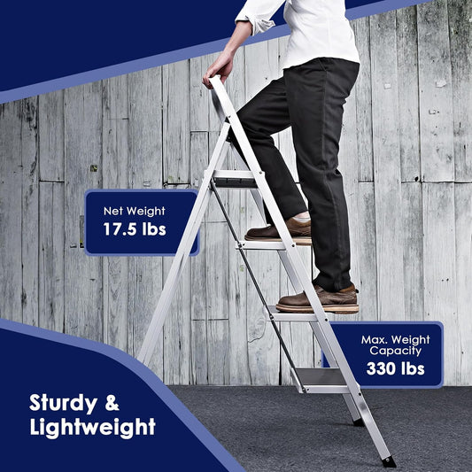 4 Step Ladder, Upgo Folding Step Stool with Extra Wide Anti-Slip Pedal, 330lbs Lightweight Portable Sturdy Steel Ladders with Handgrip for Household Kitchen Office Outdoor