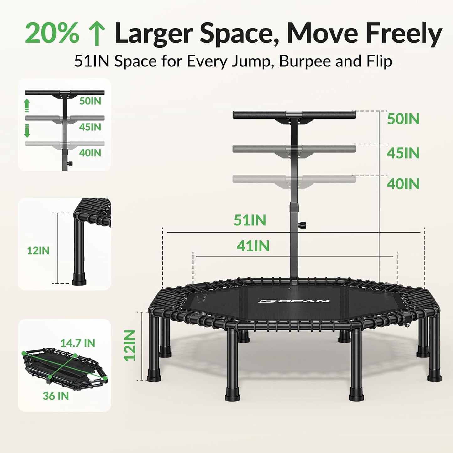 BCAN BT3 51" Octagonal Rebounder Trampoline for Adults, 450LBS Max Load Fitness Trampoline with Large Jumping Area, Silent Bungee Mini Trampoline with T-Adjustable Handle for Home Gym
