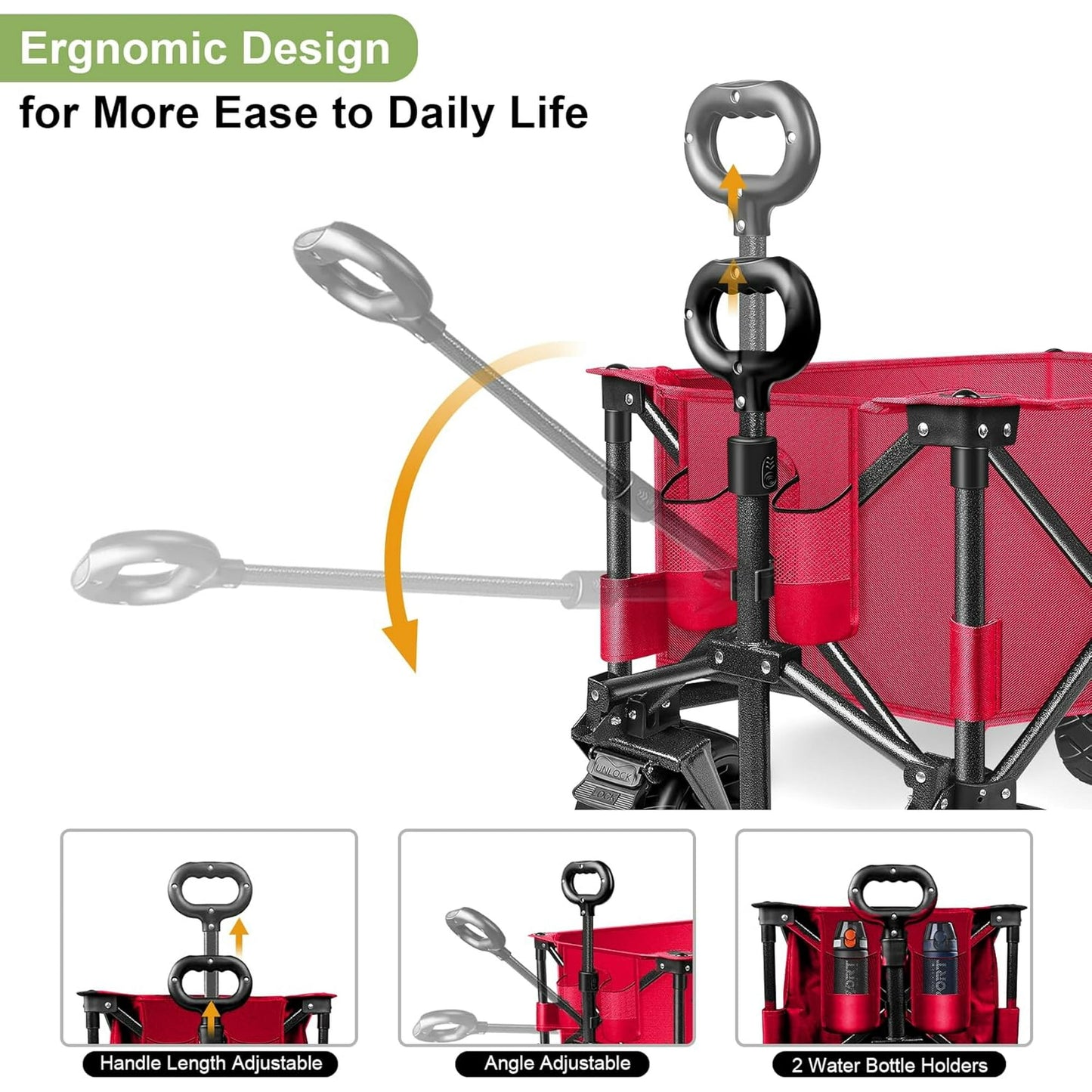 UPGO 200L Collapsible Foldable Wagon with 350lbs Weight Capacity, Heavy Duty Folding Utility Garden Cart with Big All-Terrain Beach Wheels & Drink Holders