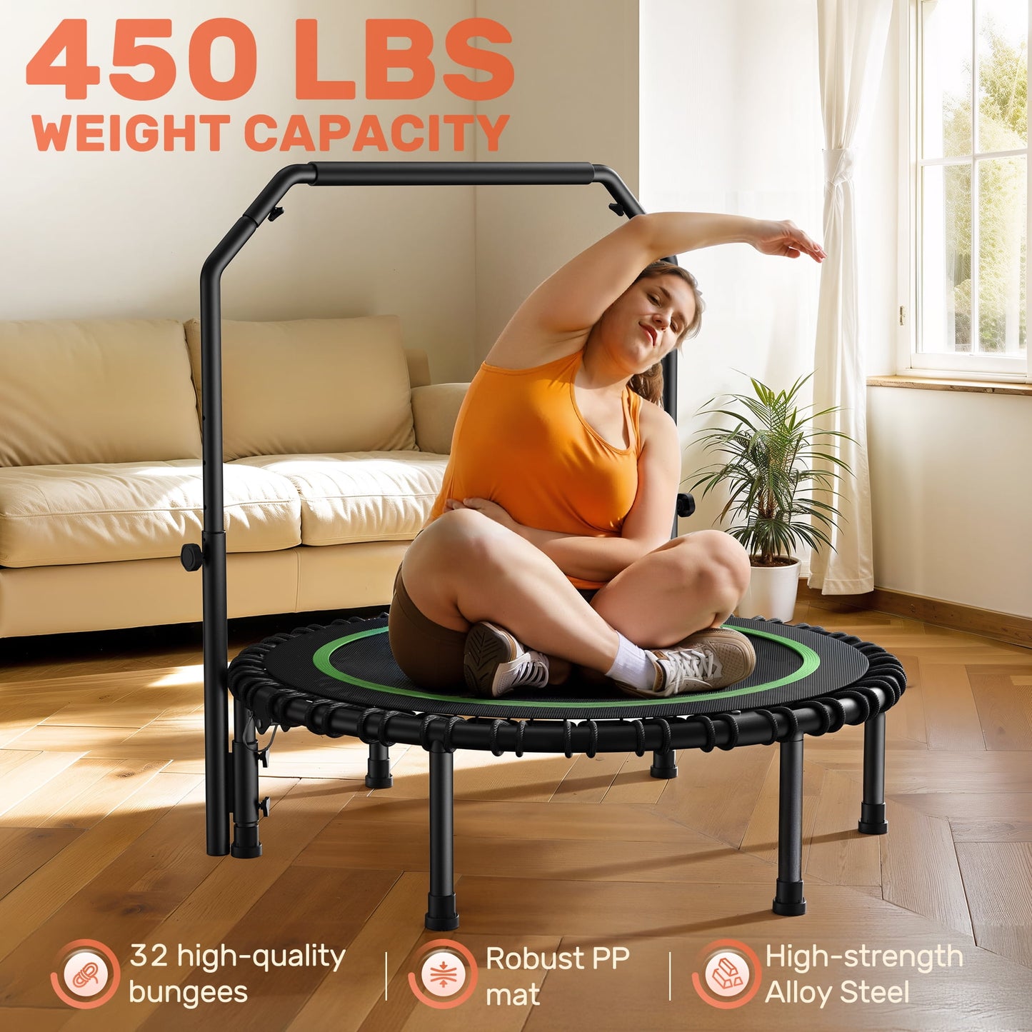 BCAN 450 LBS Foldable Mini Trampoline, 40" Fitness Trampoline with Bungees, Stable & Quiet Exercise Rebounder for Kids/Adults