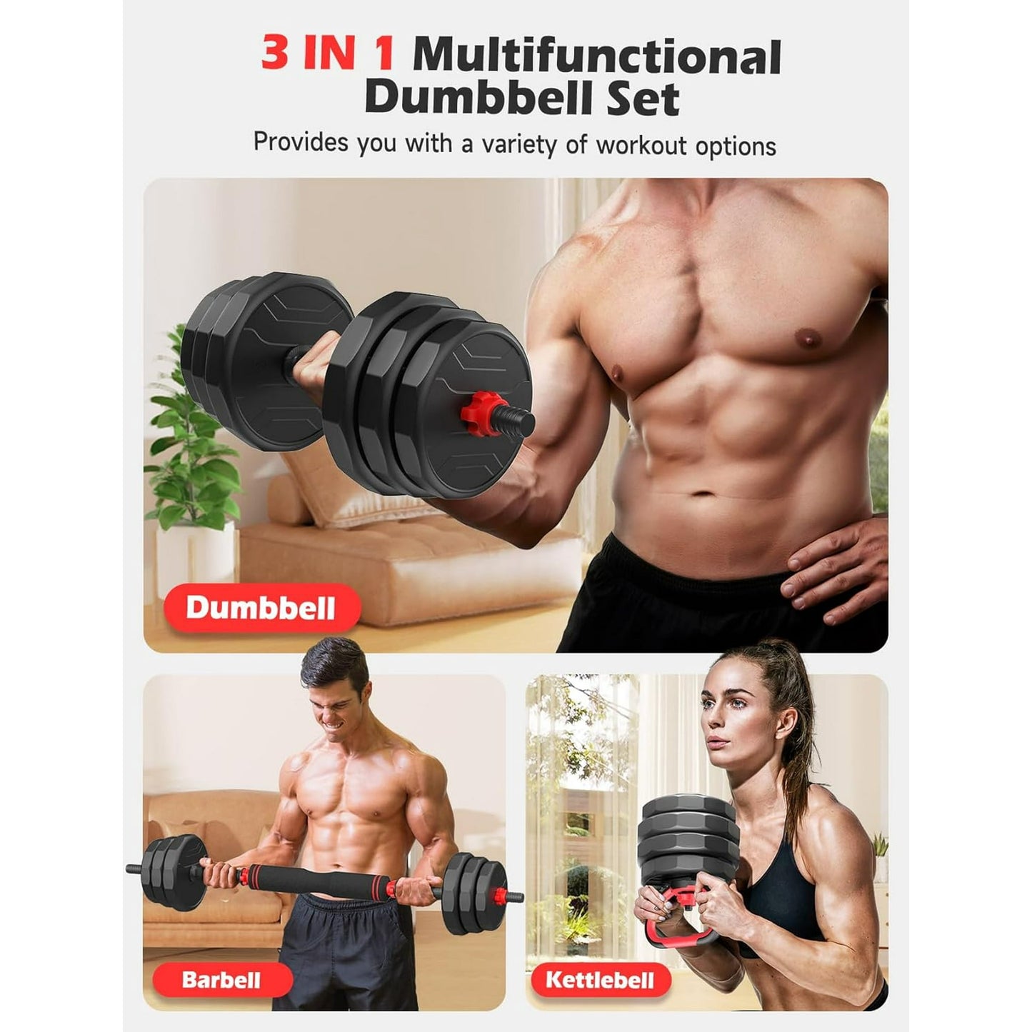 90lbs Free Weight Set with Connector, 5 in1 Dumbbells Set Used as Barbell, Kettlebells, Push up Stand, Fitness Exercises for Home Gym Suitable Men/Women