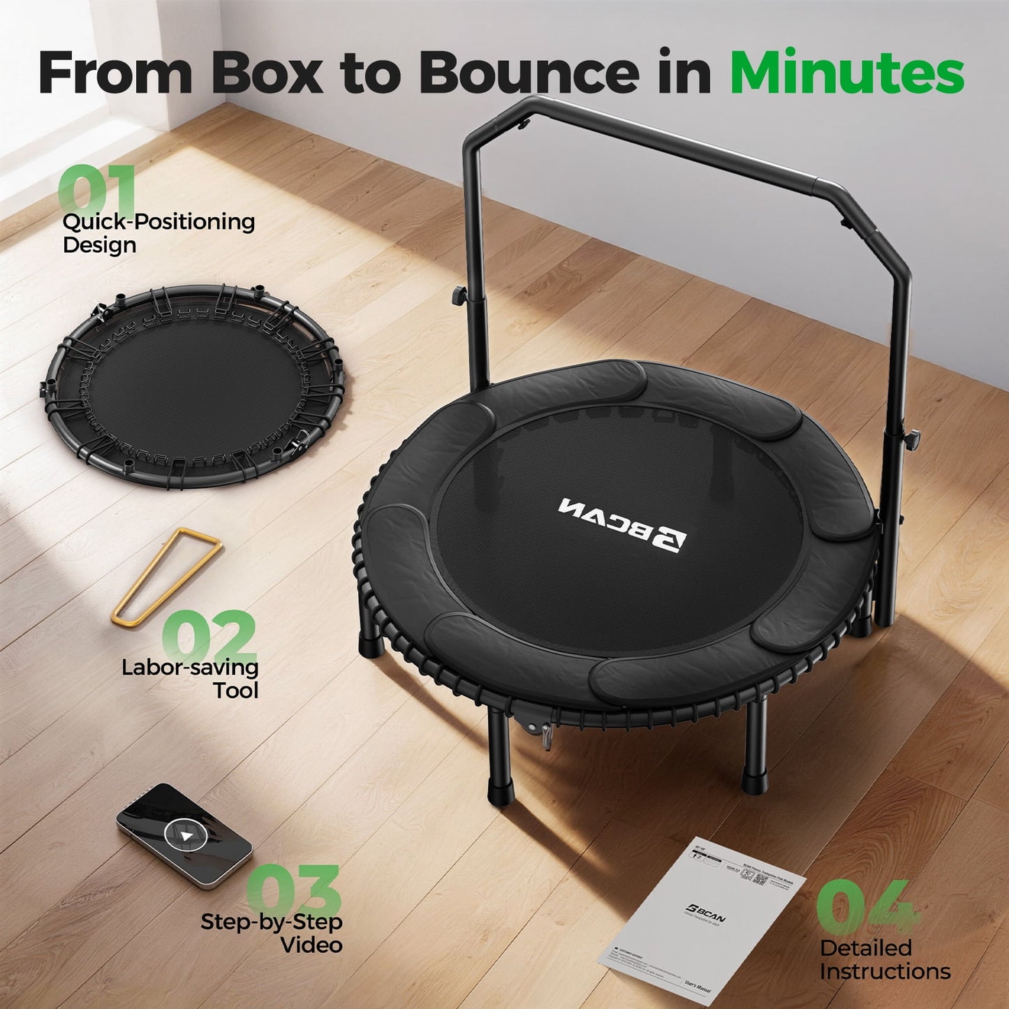 BCAN 450 LBS Foldable Mini Trampoline, 40" Fitness Trampoline with Bungees, Stable & Quiet Exercise Rebounder for Kids/Adults