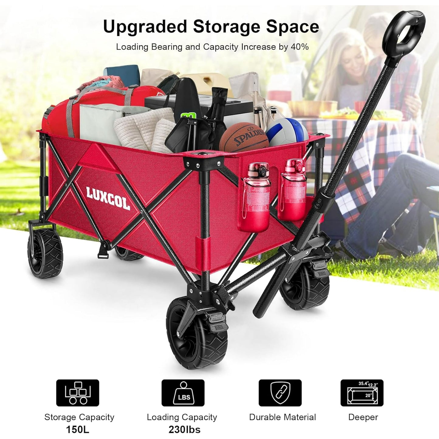 UPGO 200L Collapsible Foldable Wagon with 350lbs Weight Capacity, Heavy Duty Folding Utility Garden Cart with Big All-Terrain Beach Wheels & Drink Holders