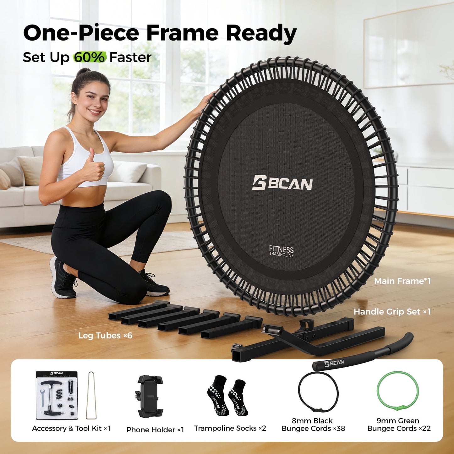 BCAN BT4 48" Soft Land Pro Adult Bungee Rebounder Trampoline, Adjustable Tension Bungees, Exercise Trampoline for Adults, Phone Holder & 2 Pairs Socks| FED Fitness
