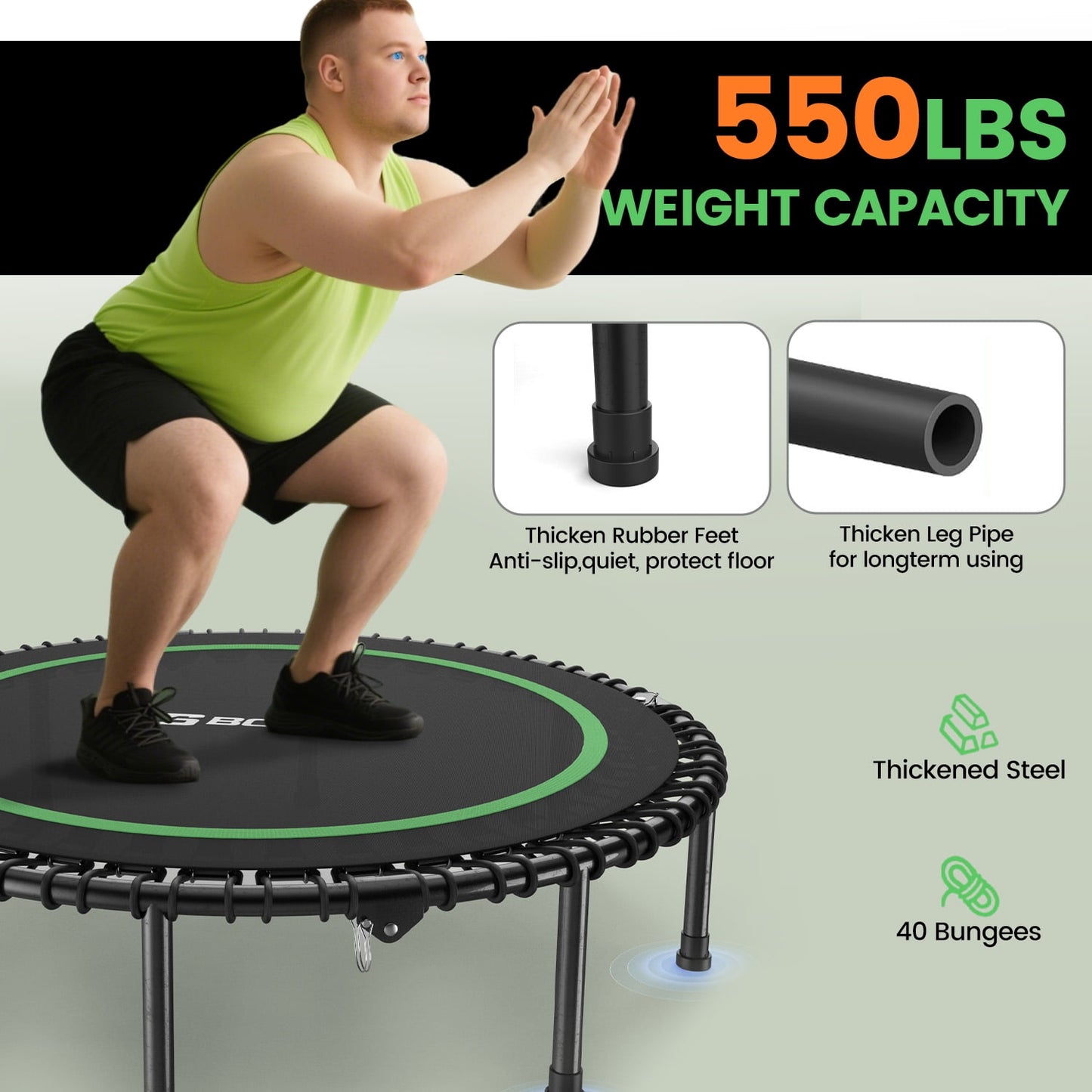 BCAN 550 LBS Foldable Mini Trampoline, 48" Fitness Trampoline with Bungees, Stable & Quiet Exercise Rebounder for Kids/Adults