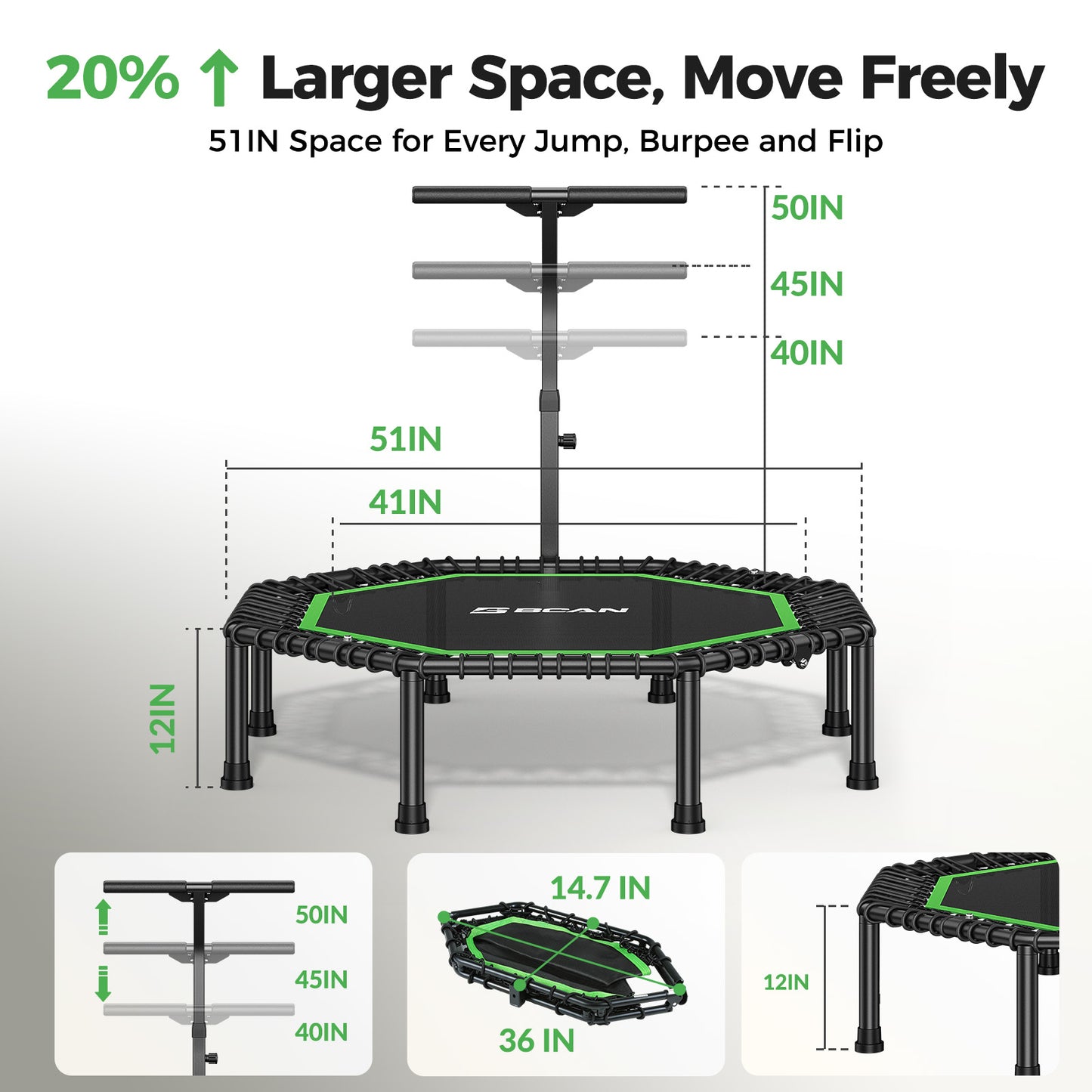 BCAN BT3 51" Octagonal Rebounder Trampoline for Adults, 450LBS Max Load Fitness Trampoline with Large Jumping Area, Silent Bungee Mini Trampoline with T-Adjustable Handle for Home Gym
