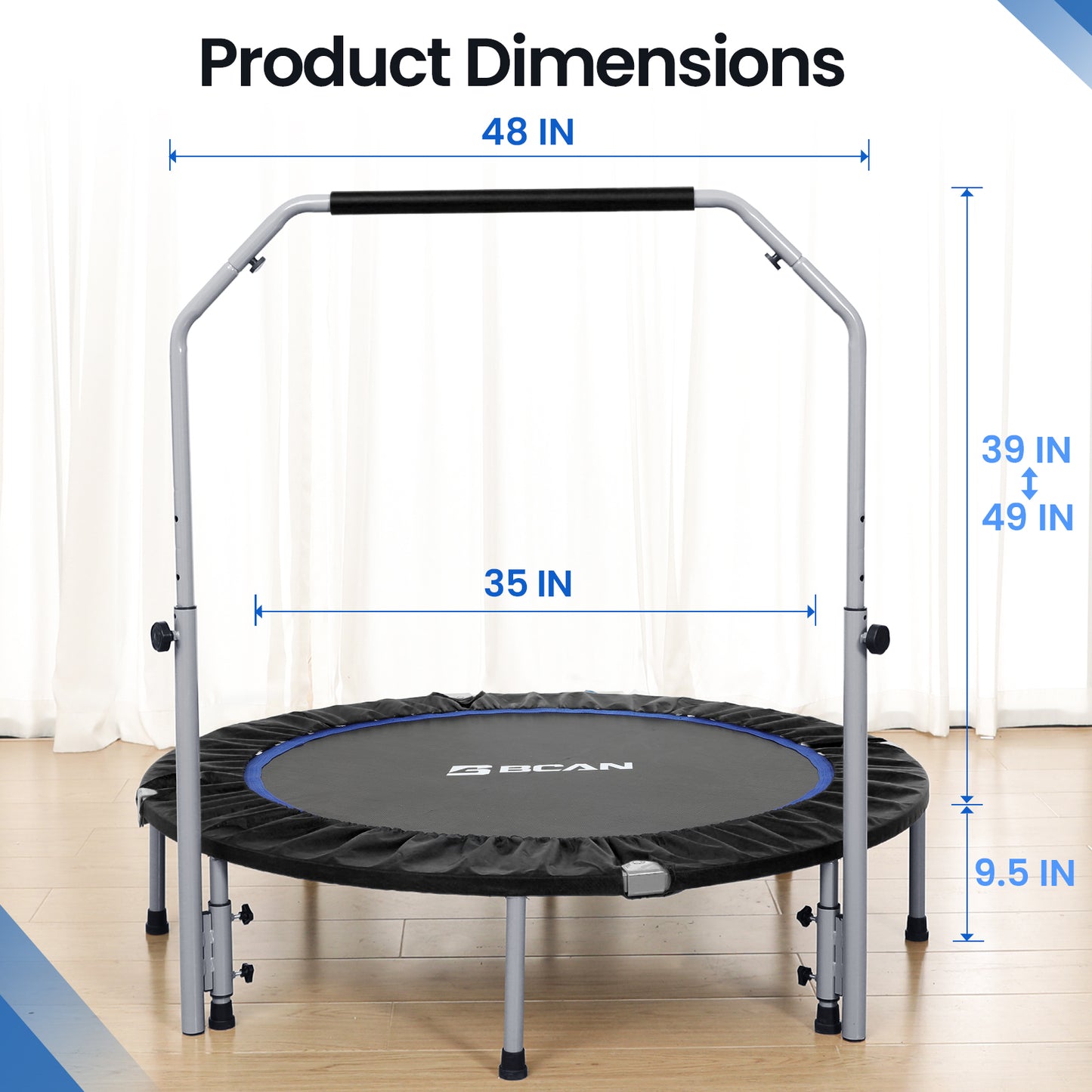 BCAN 48" Foldable Trampoline, Fitness Rebounder with Adjustable Foam Handle, Exercise Trampoline for Adults/kids Indoor/Garden Workout Max Load 440lbs