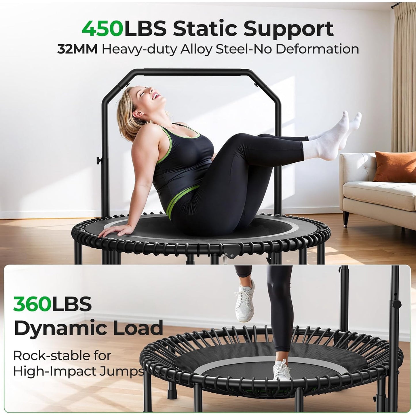 BCAN BT2 48-Inch Adult Mini Rebounder Trampoline, 550-pound weight capacity, adjustable handrails, and a Silent Resistance Band Design, suitable for indoor and outdoor home workouts