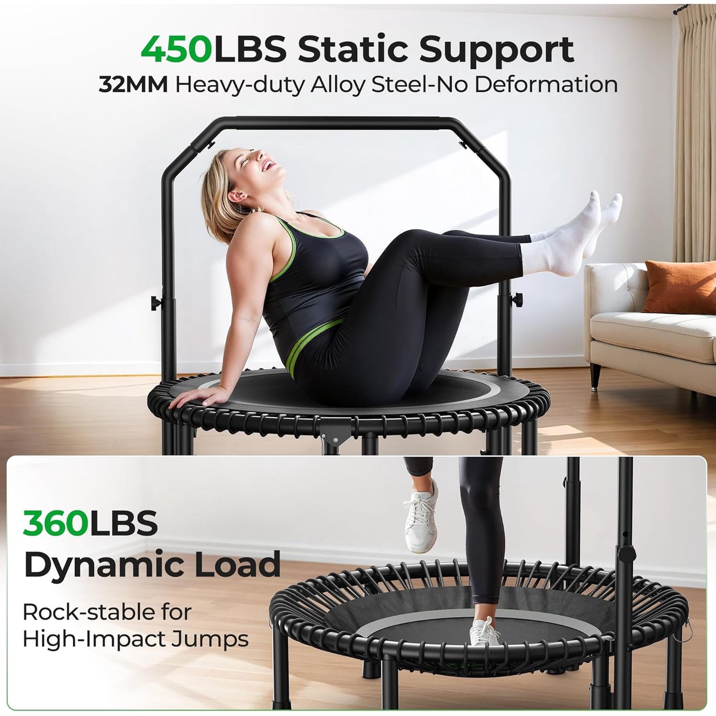 BCAN BT2 40-Inch Adult Mini Rebounder Trampoline, 450-pound weight capacity, adjustable handrails, and a Silent Resistance Band Design, suitable for indoor and outdoor home workouts