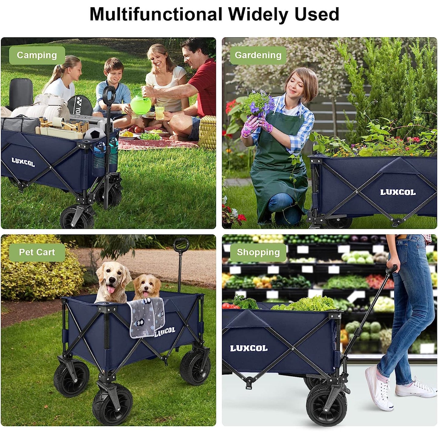 LUXCOL Collapsible Folding Wagon, Heavy Duty Utility Beach Wagon Cart for Sand with Big Wheels, Adjustable Handle&Drink Holders for Shopping, Camping,Garden and Outdoor