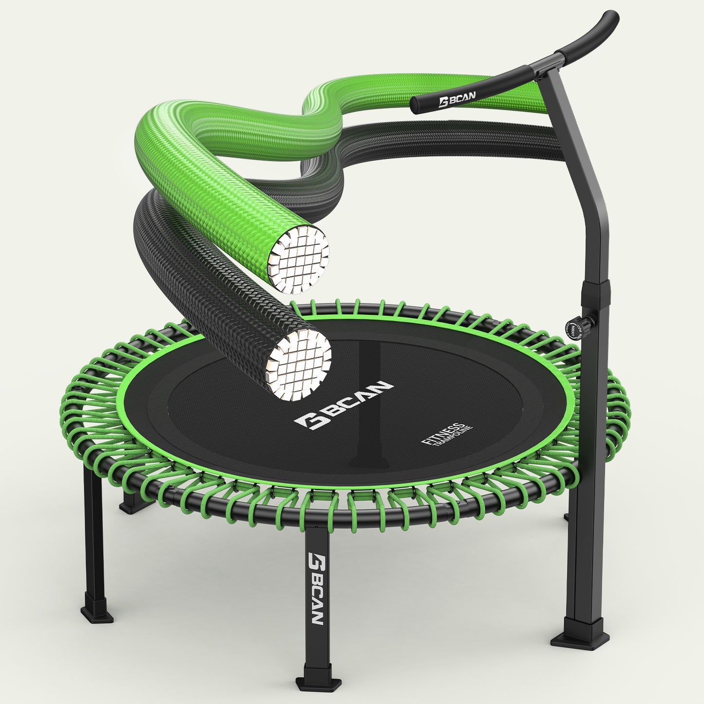 BCAN 560 LBS Soft Land Mini Trampoline, 48" Fitness Trampoline, Bungees(2 Sets), T Shape Adjustable Foam Handle, Stable, Quiet Exercise Rebounder for Kids Adults Indoor/Garden Workout