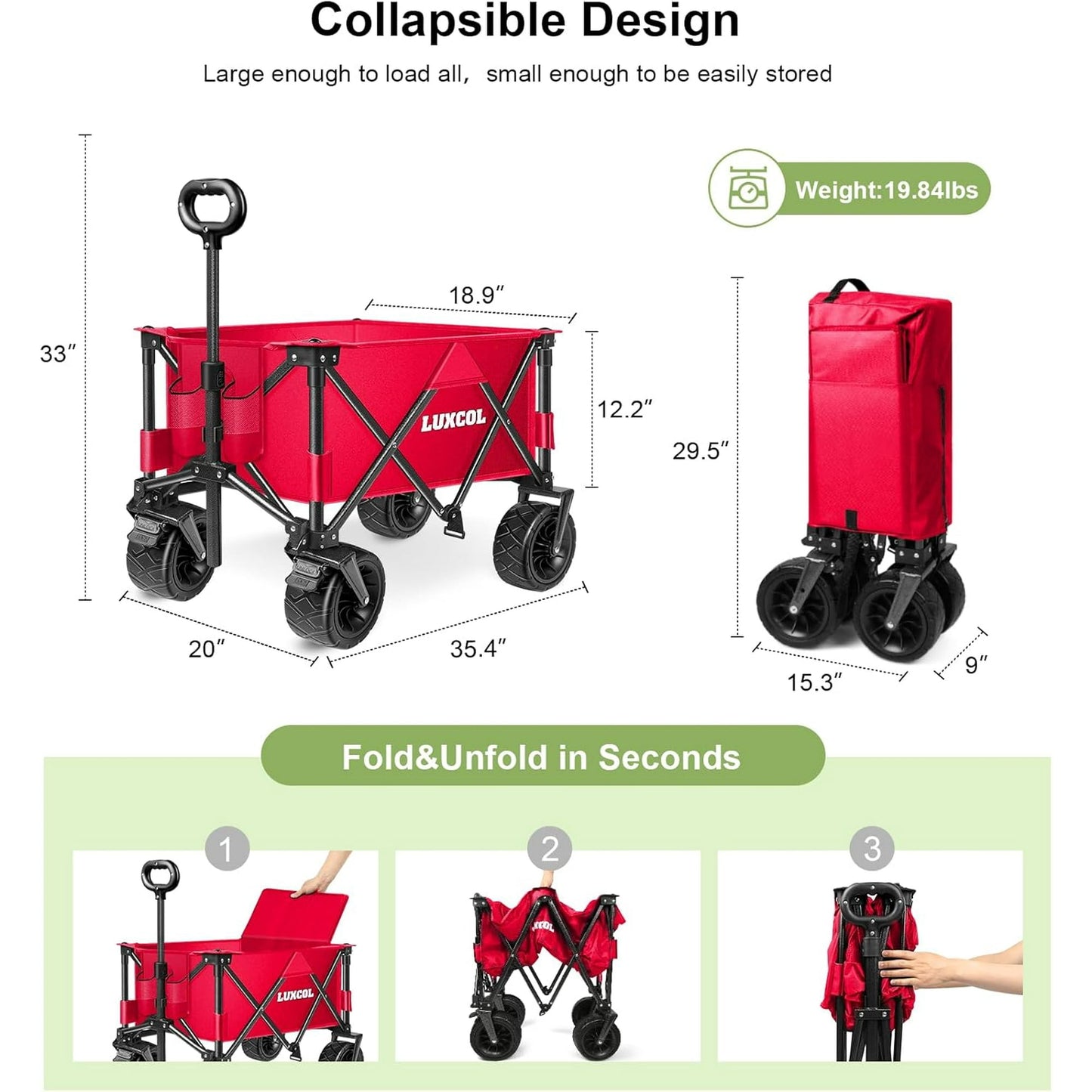 UPGO 200L Collapsible Foldable Wagon with 350lbs Weight Capacity, Heavy Duty Folding Utility Garden Cart with Big All-Terrain Beach Wheels & Drink Holders