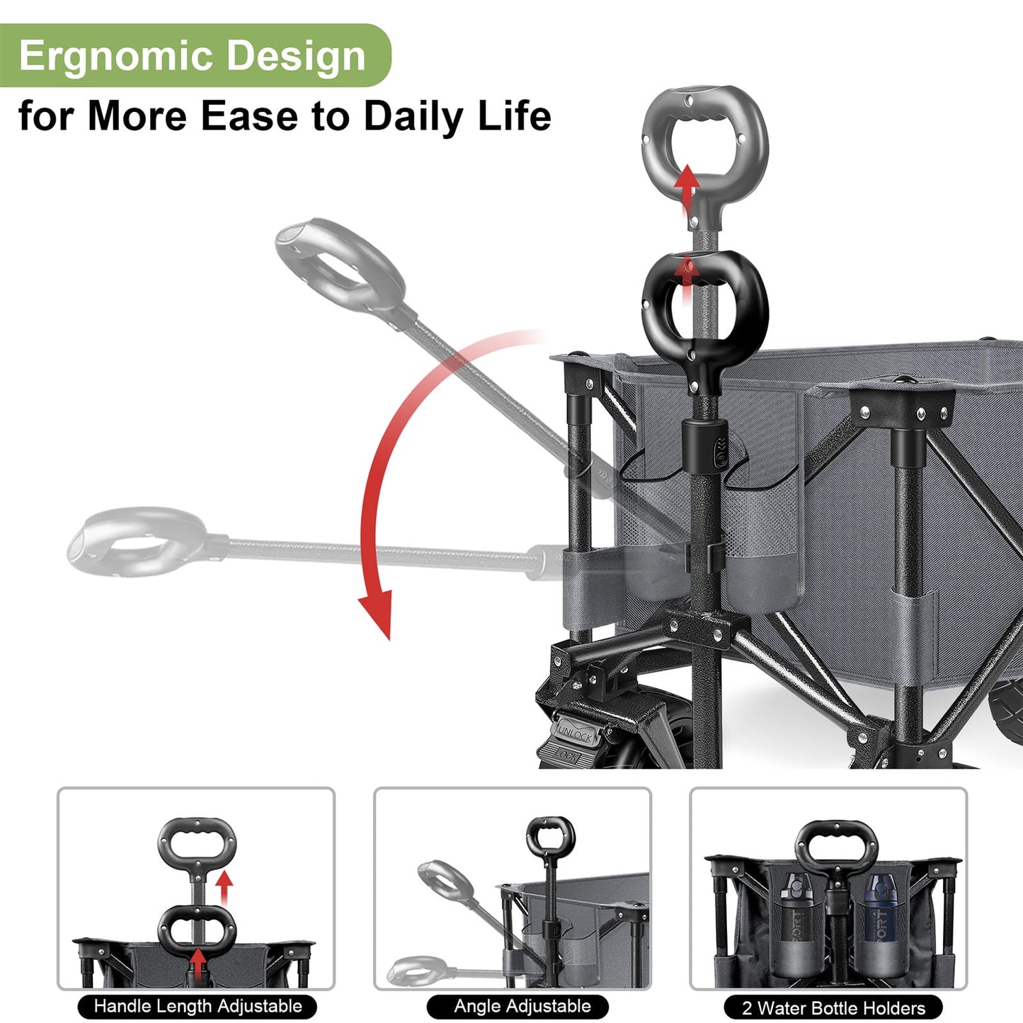 LUXCOL Collapsible Folding Wagon, Heavy Duty Utility Beach Wagon Cart for Sand with Big Wheels, Adjustable Handle&Drink Holders for Shopping, Camping,Garden and Outdoor