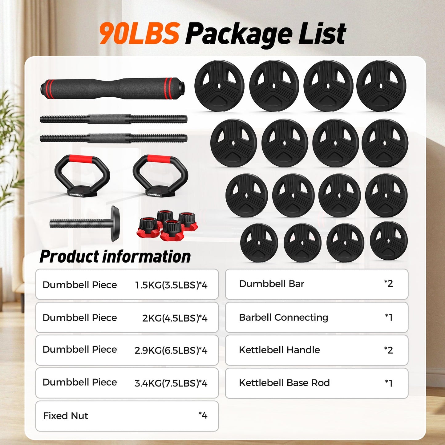 90lbs Free Weight Set with Connector, 5 in1 Dumbbells Set Used as Barbell, Kettlebells, Push up Stand, Fitness Exercises for Home Gym Suitable Men/Women