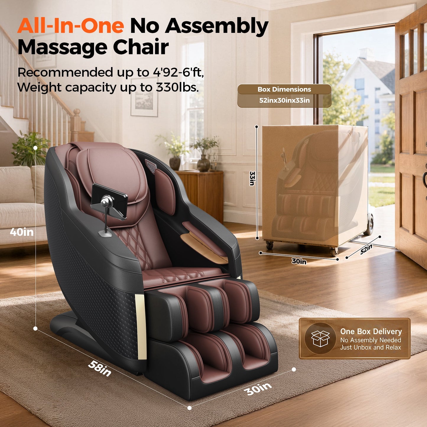 Upgo 4D Massage Chair Full Body, Zero Gravity Massage Chair with Heat and Foot Massage with Airbags, Kneading, Bluetooth, LCD Touch Control - Brown