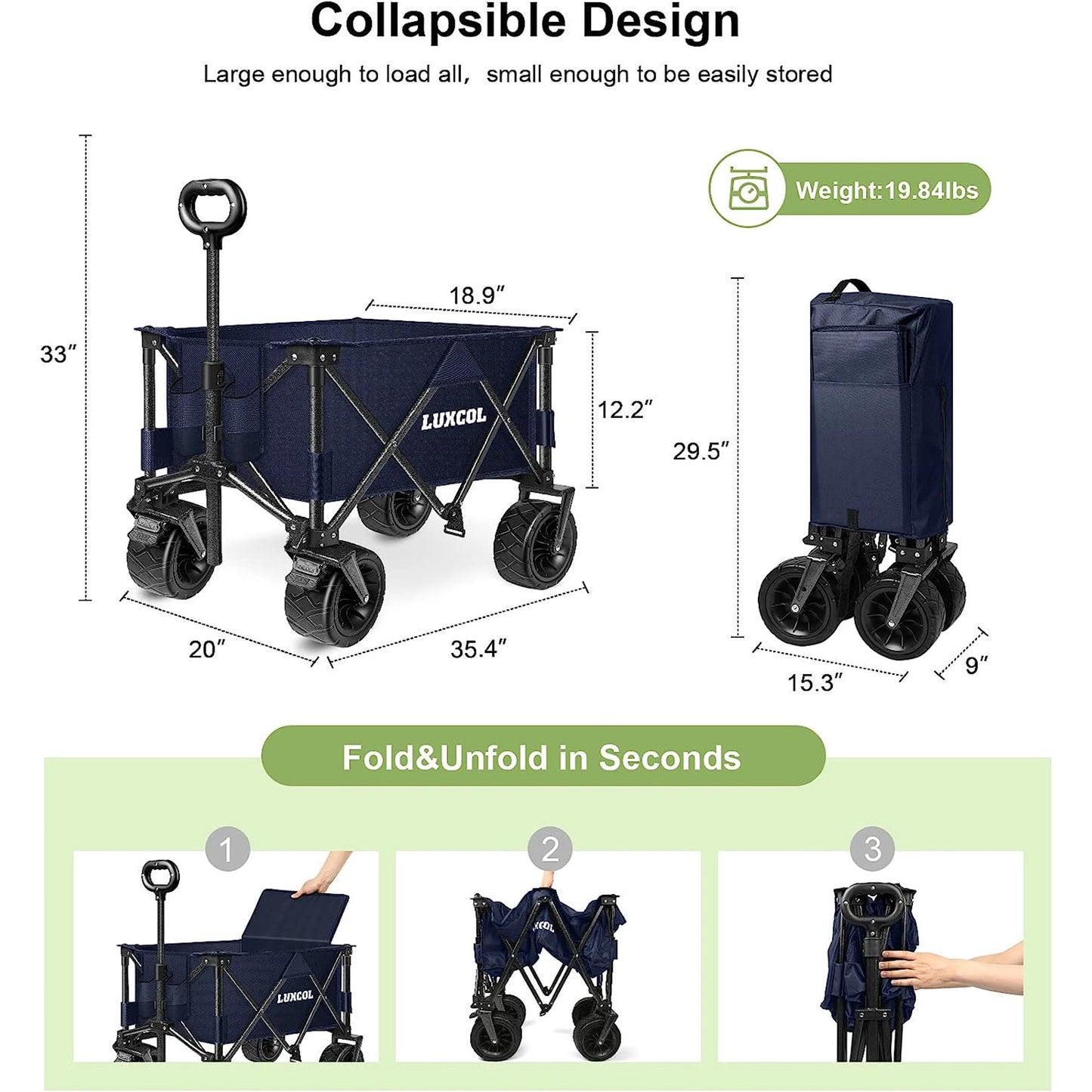 LUXCOL Collapsible Folding Wagon, Heavy Duty Utility Beach Wagon Cart for Sand with Big Wheels, Adjustable Handle&Drink Holders for Shopping, Camping,Garden and Outdoor