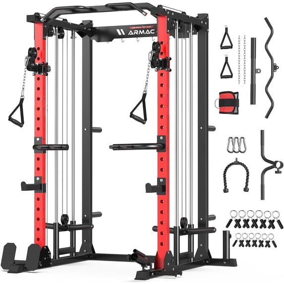UPGO Multi-function Squat Rack Power Cage with 2000LBS Capacity, Cable Crossover System and Packages with Optional Weight Bench, Olympic Barbell Weight Set, for Garage & Home Gym, Orange