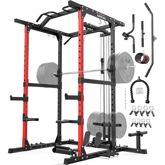 UPGO Power Cage,1500lbs Multi-Function Power Rack with Adjustable Cable Crossover System and More Training Attachment (red)