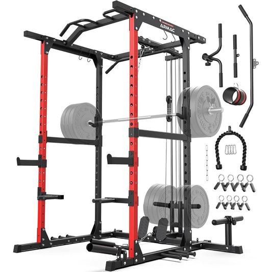 UPGO Power Cage,1500lbs Multi-Function Power Rack with Adjustable Cable Crossover System and More Training Attachment (red)
