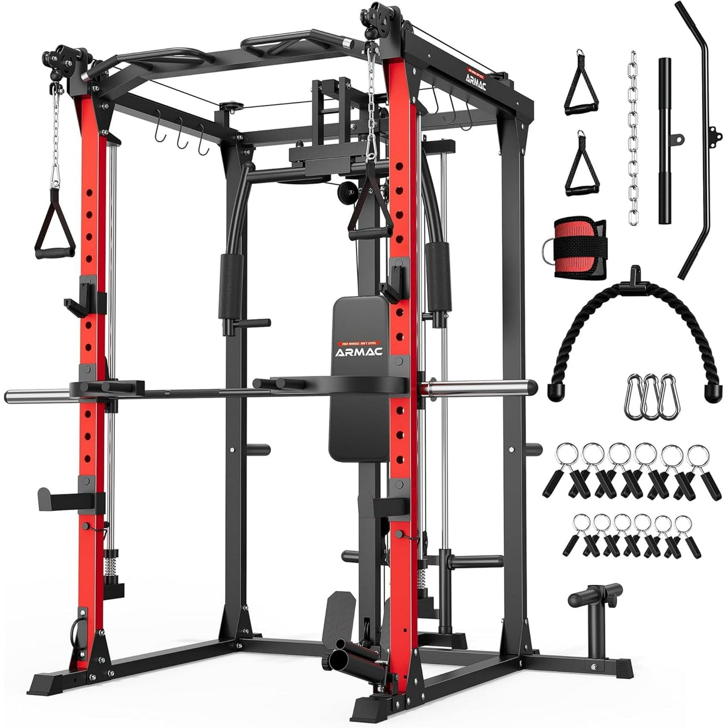 UPGO Smit Machine, 2000LBS Dual Pulley Functional Power Cage, Squat Rack with Cable Crossover System, Home Gym Trainer, Pull-Up Bar, Spotter Arms, Home Gym Equipment