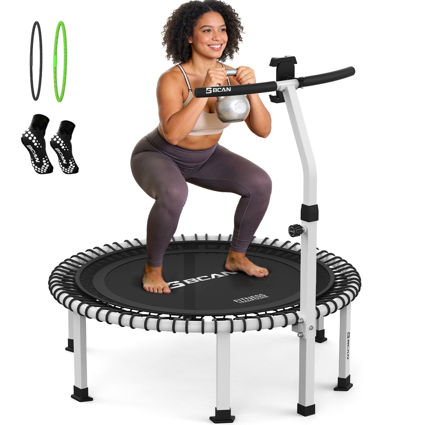 BCAN BT4 40" Pro Fitness Rebounder Trampoline, 500lb Capacity, Adjustable Tension Bungees, Exercise Trampoline for Adults, Phone Holder & 2 Pairs Socks| FED Fitness