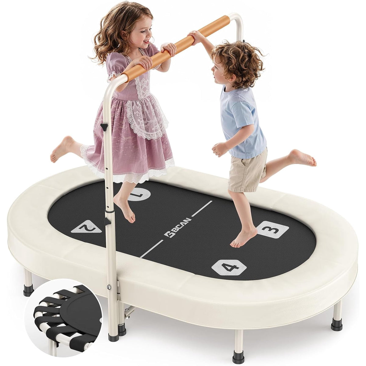 BCAN 56IN 2-Person Kids Trampoline, Safe-Elastic Band Foldable Frame Trampoline for Kids 1-8, ASTM Certified-Toddler Trampoline with Adjustable Stable Handlebar&Thickened Cover,Max Load 220lbs