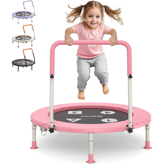 FED Fitness 36'' Toddler Trampoline, ASTM Certified-Foldable Mini Trampolines for Kids Ages 1-6, Adjustable Handle, Safety Pad & Foldable Legs, Baby Trampoline Indoor/Garden, Gift for Boy and Girl