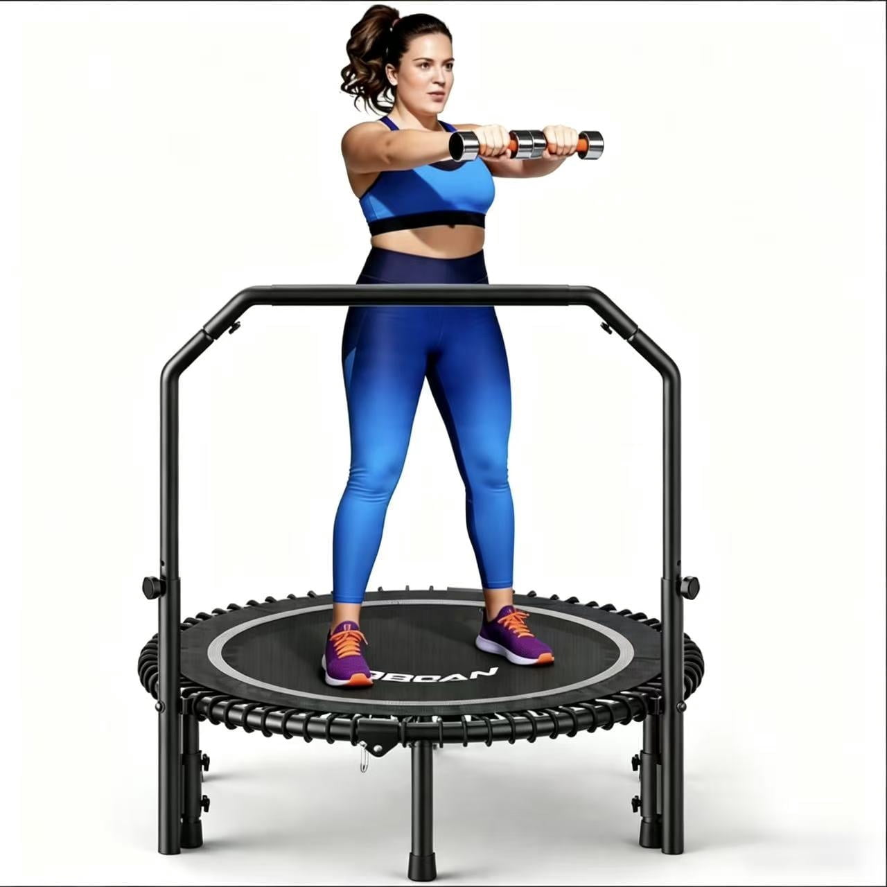 BCAN BT2 48-Inch Adult Mini Rebounder Trampoline, 550-pound weight capacity, adjustable handrails, and a Silent Resistance Band Design, suitable for indoor and outdoor home workouts