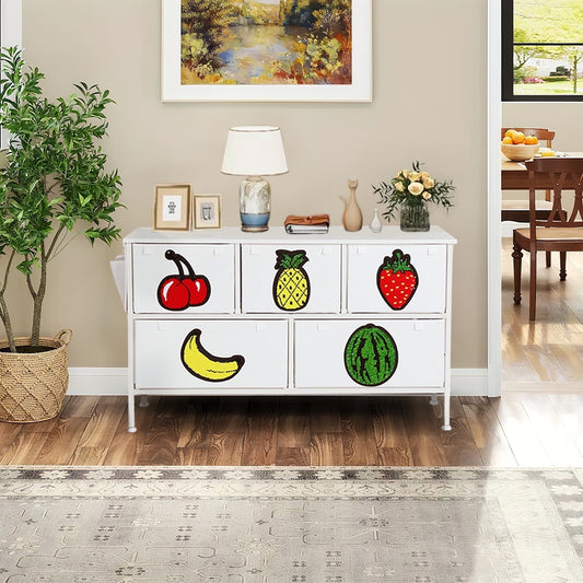Koligey Dresser for Bedroom, White Dresser with 5 Drawers, Baby Kids Dresser with Funny Sequins Fabric Bins